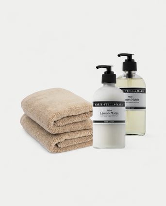 2x Gästehandtuch Latte & Marie-Stella-Maris Handseife + Handlotion Lemon Notes 2x Gästehandtuch Latte & Marie-Stella-Maris Handseife + Handlotion Lemon Notes