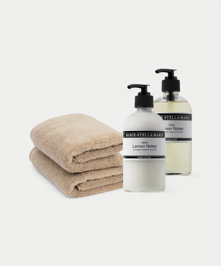 2x Gästehandtuch Latte & Marie-Stella-Maris Handseife + Handlotion Lemon Notes