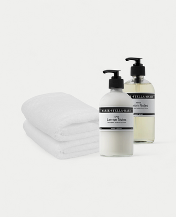 2x Gästehandtuch Weiß & Marie-Stella-Maris Handseife + Handlotion Lemon Notes 2x Gästehandtuch Weiß & Marie-Stella-Maris Handseife + Handlotion Lemon Notes