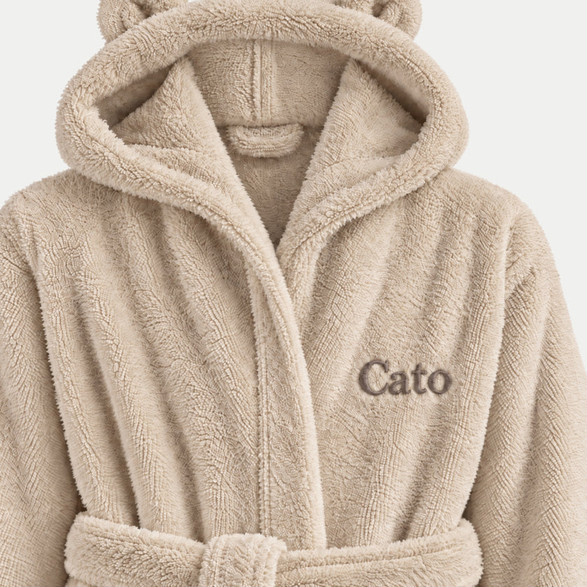 Kinderbademantel Zero-Twist-Baumwolle mit Bestickung | Latte